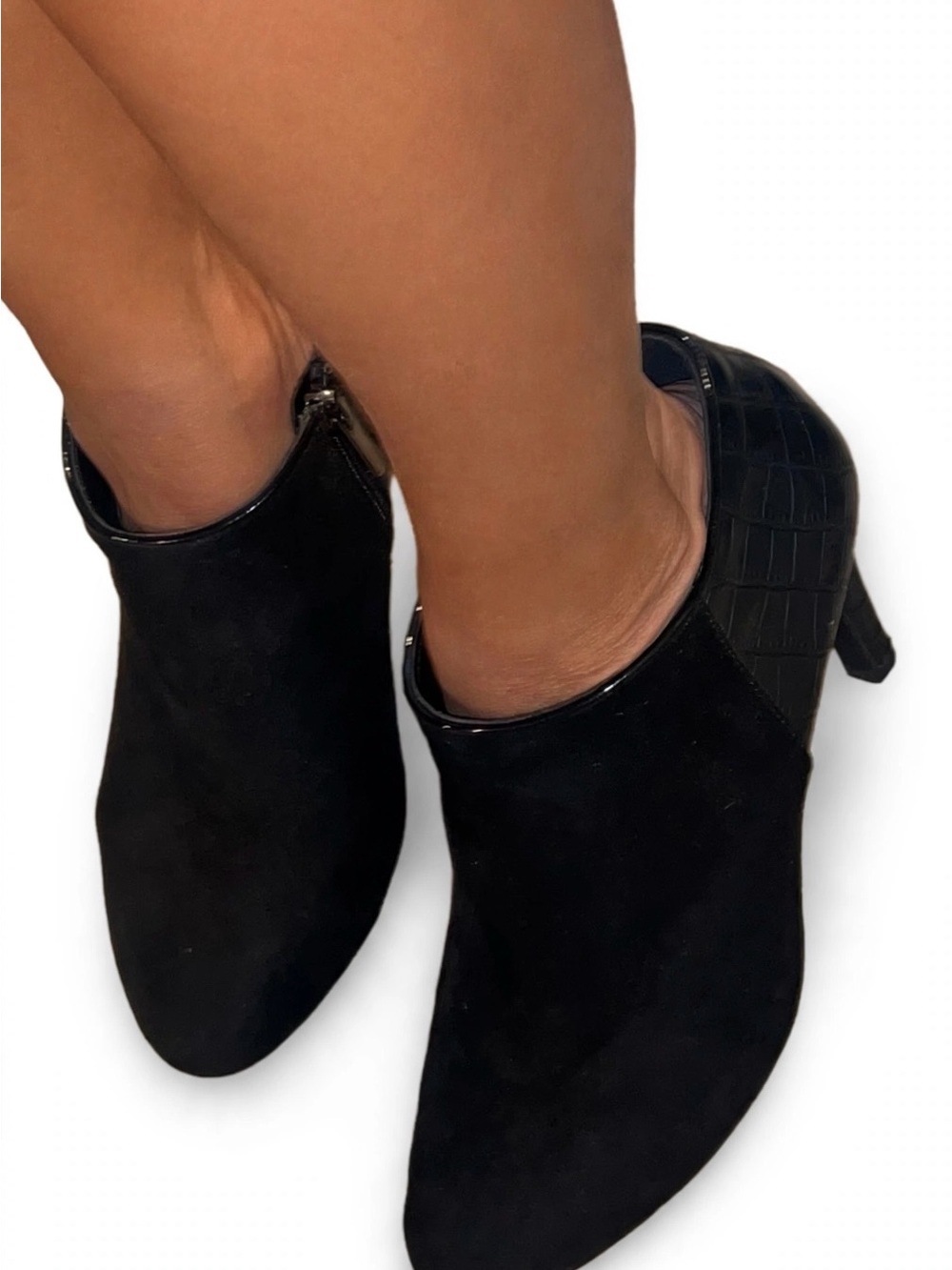 Black Suede & faux Croc Booties Pointed Toe Side Zip Stiletto 7.5M SERAI